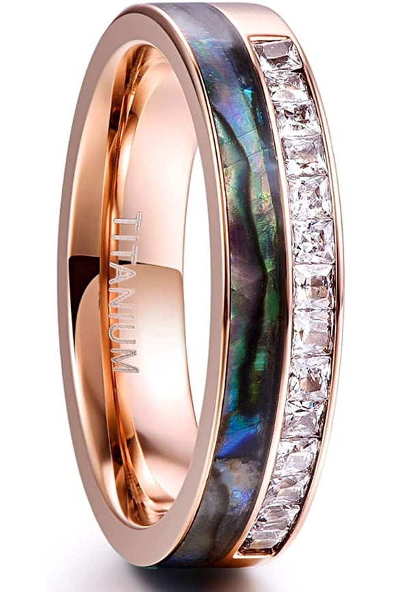 6mm Rose Gold Women's Stainless Steel Ring Abalone Shell and Cubic Zirconia Inlay Wedding Band