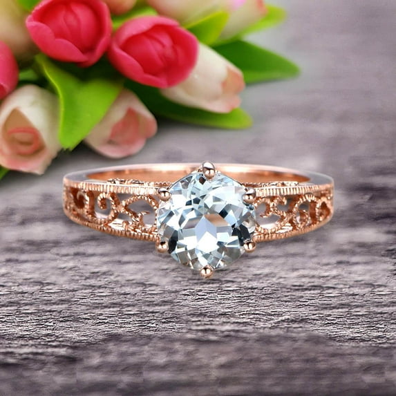 6mm Round Cut 1.75 Carat Aquamarine Engagement Ring Anniversary Gift 10k Rose Gold Art Deco
