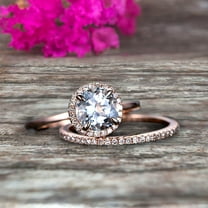 6mm Round Cut 1.75 Carat Aquamarine Engagement Ring Bridal Set 10k Rose Gold Art Deco Matching Wedding Band Anniversary Gift