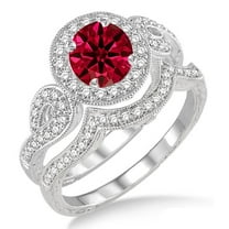 6mm Round Cut 2.25 Carat Red Ruby Moissanite Diamond Antique Halo Bridal Set Engagement Ring on 10k White Gold