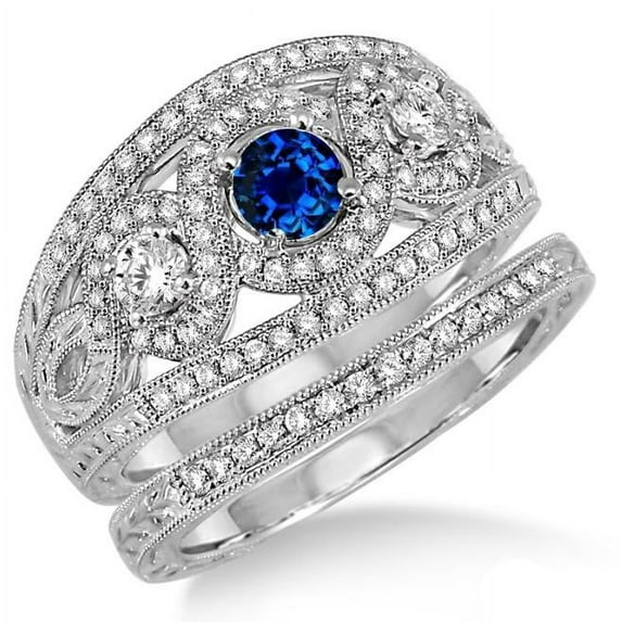 6mm Round Cut 2.75 Carat Blue Sapphire And Moissanite Diamond Engagement Ring Trilogy Set Ring On 10k White Gold