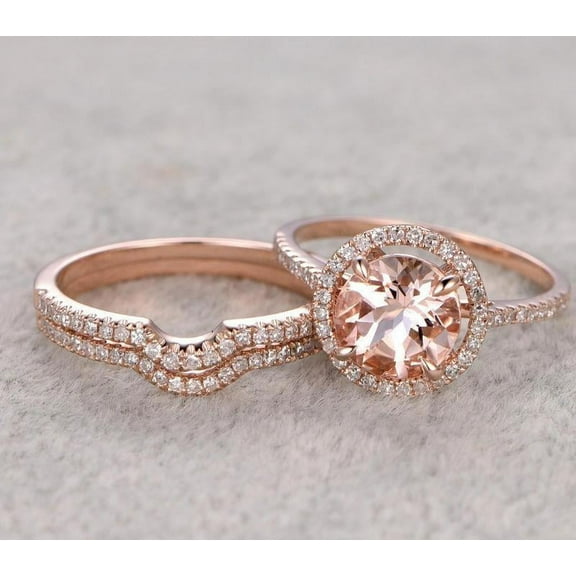 6mm Round Cut 2.75 Carat Morganite and Diamond Moissanite Trio Ring Set in 10k Rose Gold with One Engagement Ring and 2 Wedding Bands
