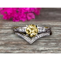 6mm Round Cut 2 Carat Champagne Diamond Moissanite Bridal Ring Set Anniversary Gift With Stacking Matching Wedding Band 10K White Gold Art Deco