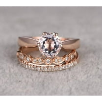 6mm Round Cut 2 Carat Morganite Ring with Diamond Moissanite Trio Ring Set in 10k Rose Gold with 1 Engagement Ring and 2 Wedding Bands