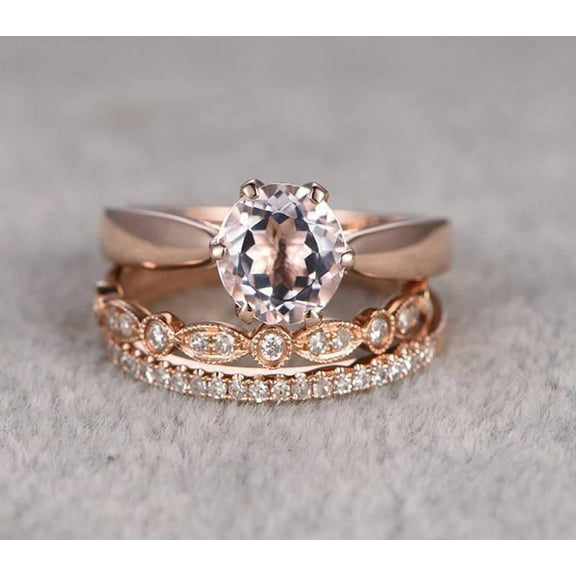 6mm Round Cut 2 Carat Morganite Ring with Diamond Moissanite Trio Ring Set in 10k Rose Gold with 1 Engagement Ring and 2 Wedding Bands