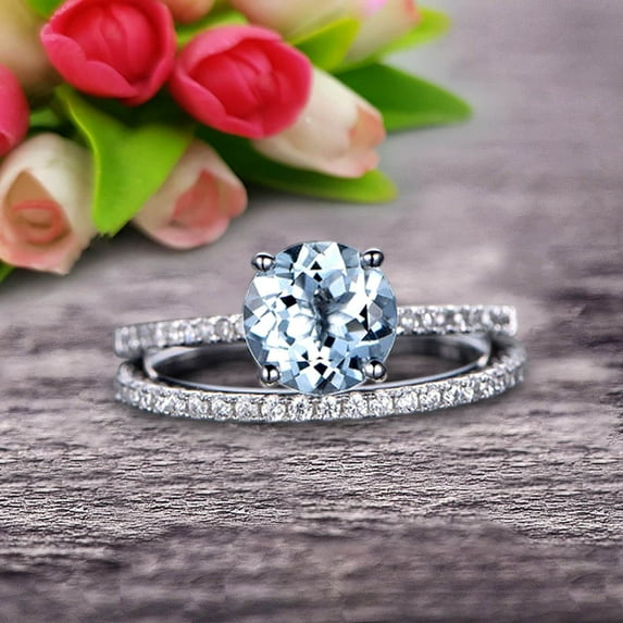 6mm Round Cut 2 Carat Stacking Matching Band Aquamarine Engagement Ring Bridal Set Anniversary Gift 10k White Gold