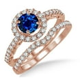 thumbnail image 1 of 6mm Round Cut Halo Art Deco 2.25 Carat Blue Sapphire And Moissanite Diamond Antique Floral Halo Bridal Set on 10k Rose Gold, 1 of 2