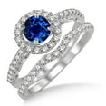 thumbnail image 1 of 6mm Round Cut Halo Art Deco 2.25 Carat Blue Sapphire And Moissanite Diamond Antique Floral Halo Bridal Set on 10k White Gold, 1 of 2