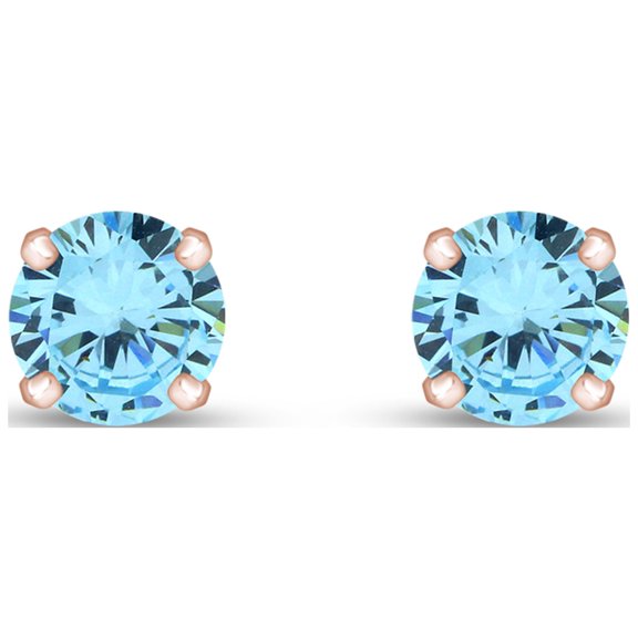 AFFY 6mm Round Cut Simulated Aquamarine Stud Earrings in 14k Rose Gold Over Sterling Silver