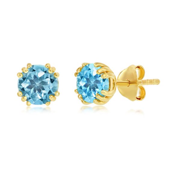 6mm Round Gemstone Birthstone Stud Earrings | 14K Gold Plated Sterling Silver Jewelry for Women or Teens-Created Aquamarine