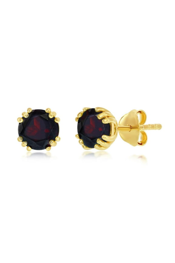 6mm Round Gemstone Birthstone Stud Earrings | 14K Gold Plated Sterling Silver Jewelry for Women or Teens-Garnet