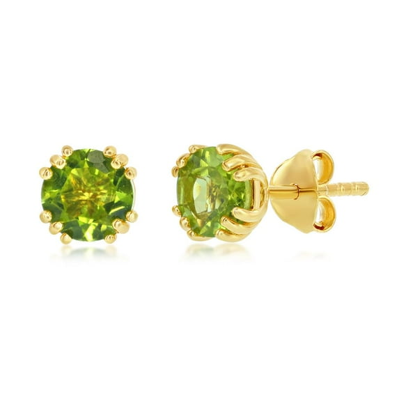 6mm Round Gemstone Birthstone Stud Earrings | 14K Gold Plated Sterling Silver Jewelry for Women or Teens-Peridot