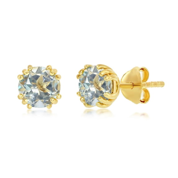 6mm Round Gemstone Birthstone Stud Earrings | 14K Gold Plated Sterling Silver Jewelry for Women or Teens-White Topaz