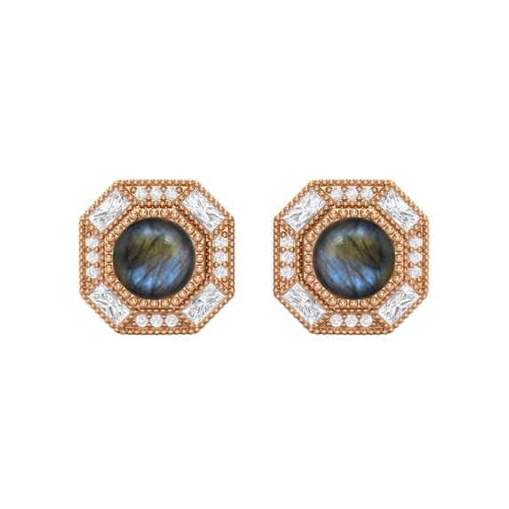 6mm Round Labradorite Hexagon Minimal Women Mother's Day Gift Stud Earrings 925 Sterling Silver Rose Vermeil