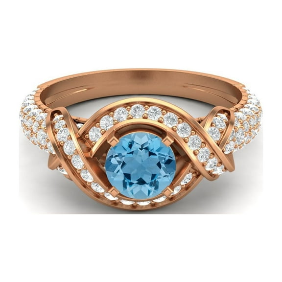 Mooneye 6mm Round Shape Swiss Blue Topaz 925 Sterling Silver Rose Plated Women Wedding Ring