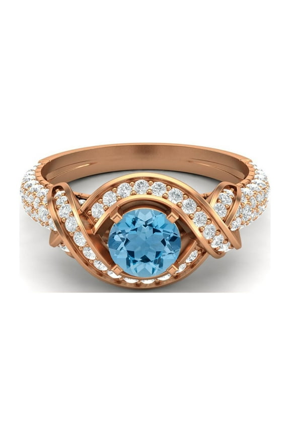 6mm Round Shape Swiss Blue Topaz 925 Sterling Silver Rose Plated Women Wedding Ring