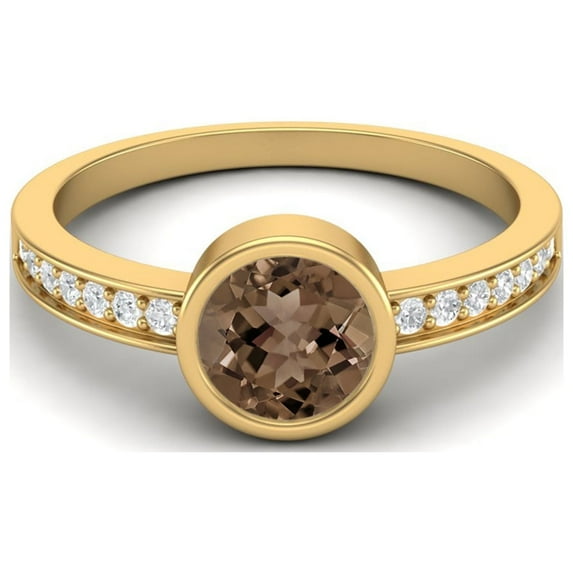 6mm Round Smoky Quartz 925 Sterling Silver Gold Vermeil Solitaire Side Accents Women Valentines Day Gifts Ring
