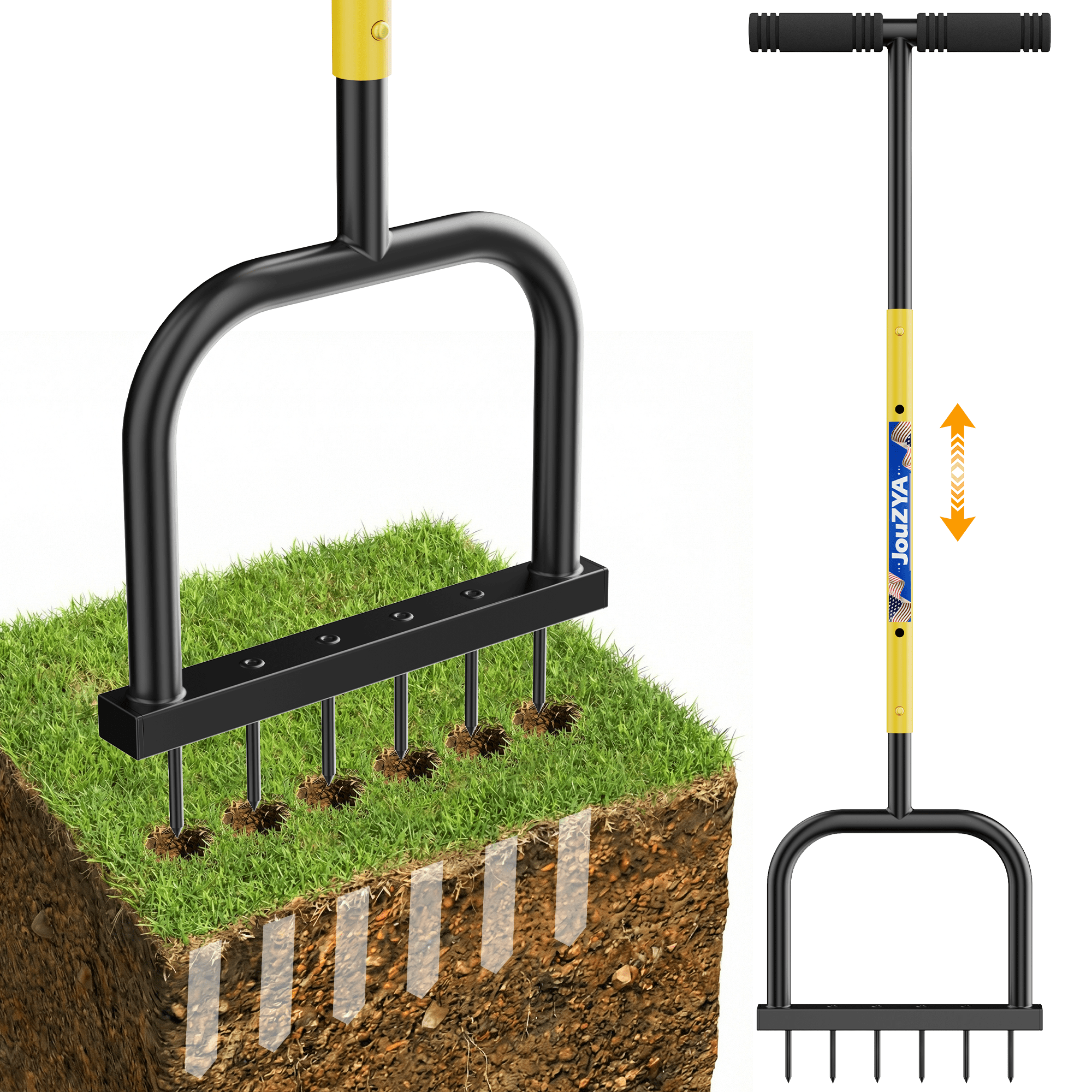 JouZYA 6 mm Spike Manual Yard Weeder, Adjustable, 38”, with Wide Foot Pedal, for Lawn Care