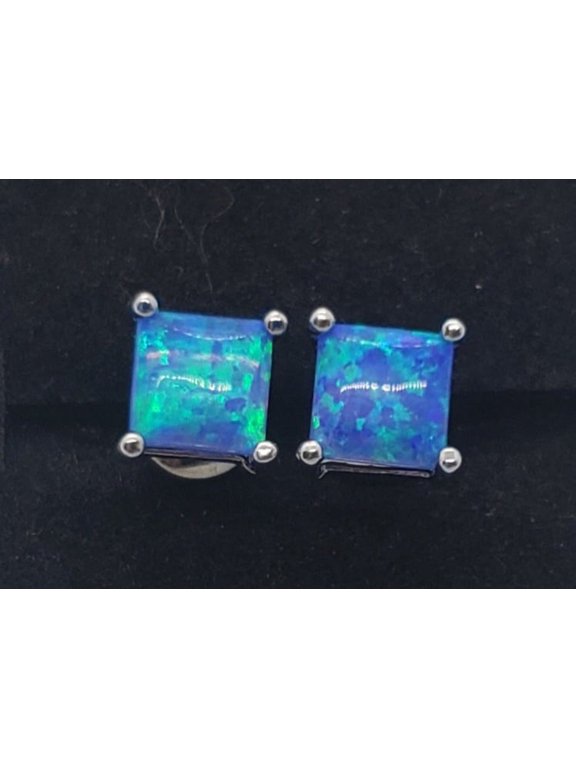 6mm Square Blue Opal Sterling Silver Earrings