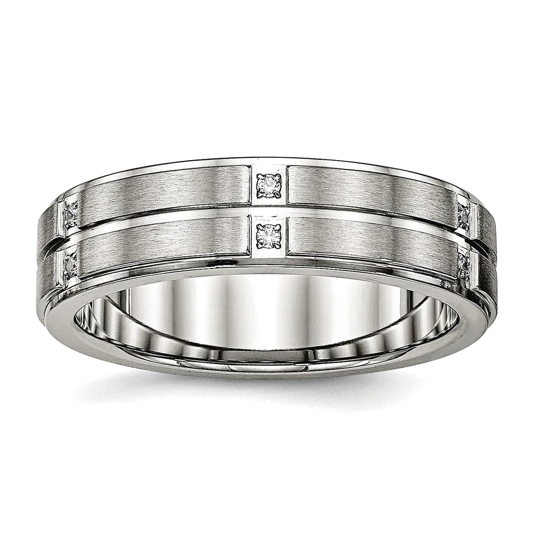 6mm Stainless Steel Brushed and Polished Grooved Ridged Edge Cubic Zirconia Ring Size 12.5 Ring for Women