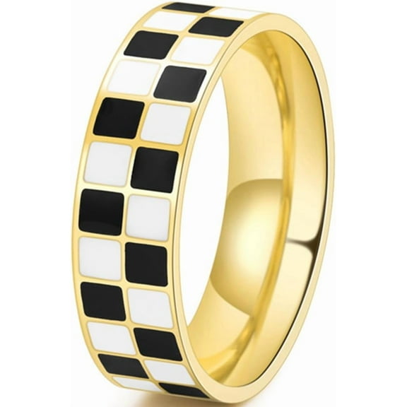 6mm Stainless Steel Checkerboard Chess Pattern Wedding Band Biker Statement Ring