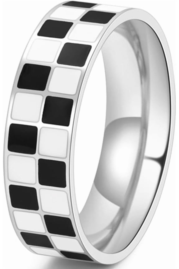 6mm Stainless Steel Checkerboard Chess Pattern Wedding Band Biker Statement Ring