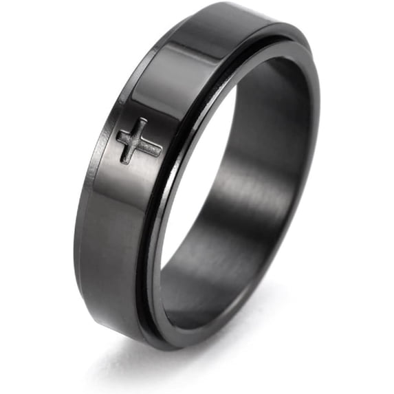 6mm Stainless Steel Cross Spinner Band Ring Stress Relief Christian Jesus Christ Lord Prayer Rotating Fidget for Men Women Anxiety Religious Engagement Wedding Jewelry