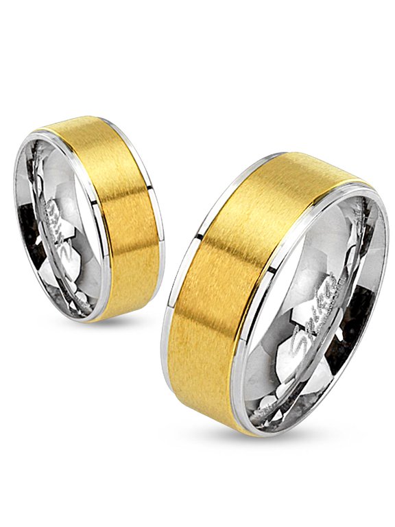 6mm Step Edges Two Tone Brushed Gold IP Center Stainless Steel Band Women's Ring (SIZE: 6)