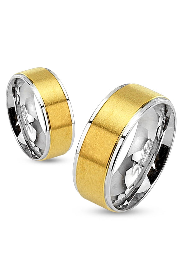 6mm Step Edges Two Tone Brushed Gold IP Center Stainless Steel Band Women's Ring (SIZE: 8)