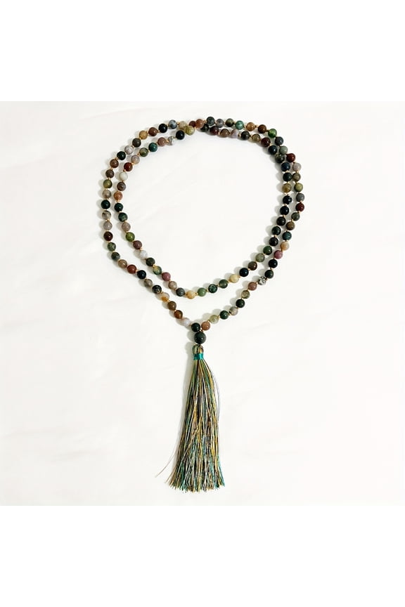 6mm Synthetic Gemstone Mala Knot Necklace - 108 Bead Bohemian Yoga Lariat with Teal Tassel Pendant, Uncoated Natural Finish for Men & Women, Daily Wear Spiritual Practice Jewelry,Indian Agate