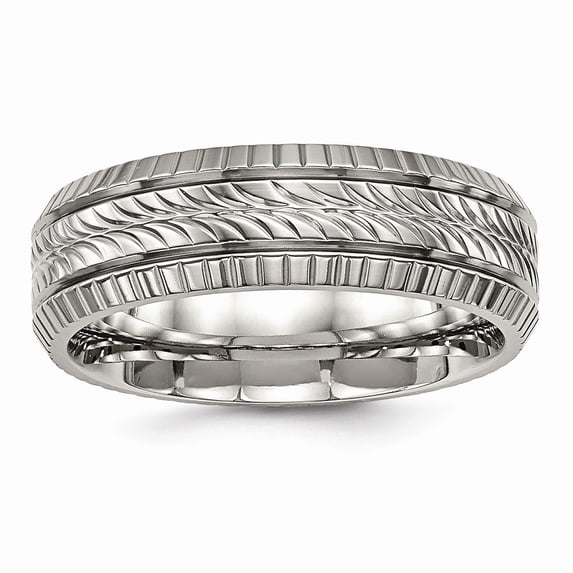 6mm Titanium Polished Grooved and Textured Ring - Size 8