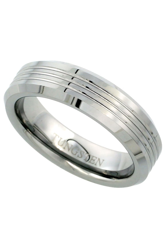 6mm Tungsten 900 Wedding Ring 3 Grooves Beveled Edges Comfort fit, size 10