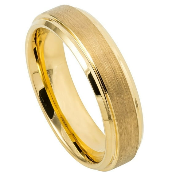 6mm Tungsten Carbide BYellow Gold IP Plated Flat Brushed Center with High Polish Stepped EdgeWedding band Ring for Men and Ladies
