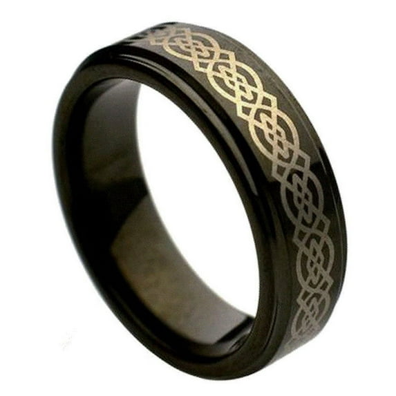 6mm Tungsten Carbide Black with Stepped Edge and Celtic Center Design Wedding Band Ring For Men Or Ladies