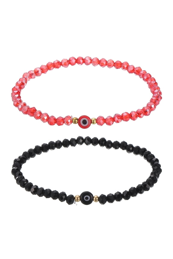 6mm Turkish Evil Eye Bracelets, 2 Pcs Good Luck Protection Crystal Bead Stretch Bracelets Charm for Women Men Stackable Blessing Jewelry (Red/Black)