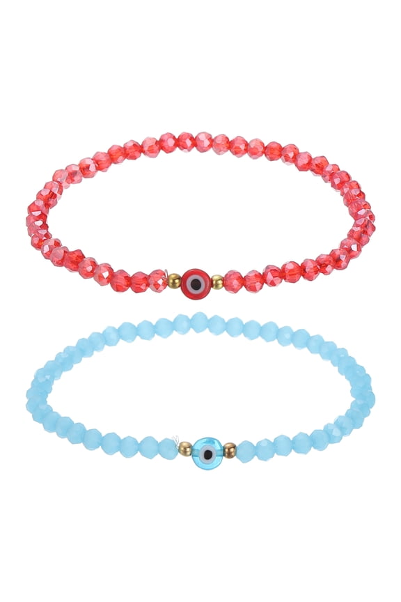 6mm Turkish Evil Eye Bracelets, 2 Pcs Good Luck Protection Crystal Bead Stretch Bracelets Charm for Women Men Stackable Blessing Jewelry (Red/Blue)