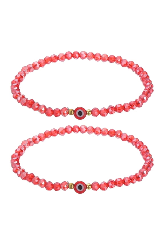 6mm Turkish Evil Eye Bracelets, 2 Pcs Good Luck Protection Crystal Bead Stretch Bracelets Charm for Women Men Stackable Blessing Jewelry (Red)
