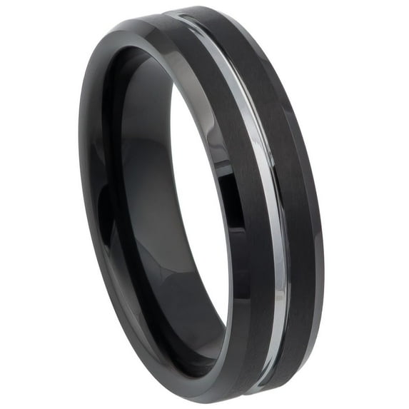 6mm Two-tone Black IP Brushed with Steel Color Grooved Center Beveled Edge Wedding Band Ring For Men Or Ladies