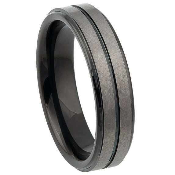 6mm Two-tone Black IP Plated Center Grooved Brushed Finish Stepped Edge Wedding Band Ring For Men Or Ladies