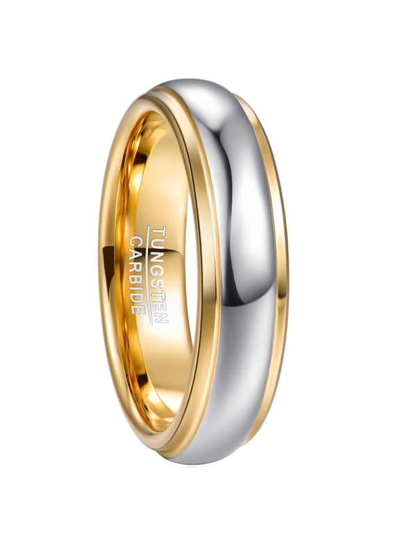 6mm Unisex Gold and Silver Two-Tone Tungsten Rings Wedding Band Step Edges Dome Style