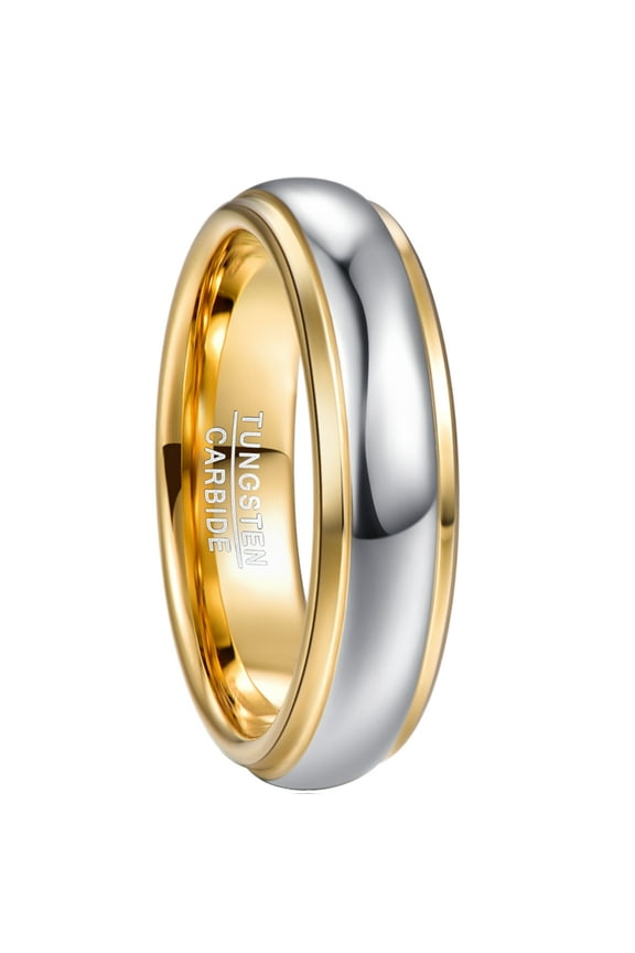 6mm Unisex Gold and Silver Two-Tone Tungsten Rings Wedding Band Step Edges Dome Style