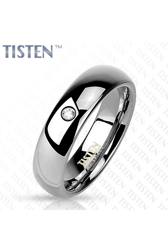 6mm Wedding Band Glossy Mirror Polished Dome w/CZ Tisten (Tungsten+Titanium) Ring (SIZE: 9)