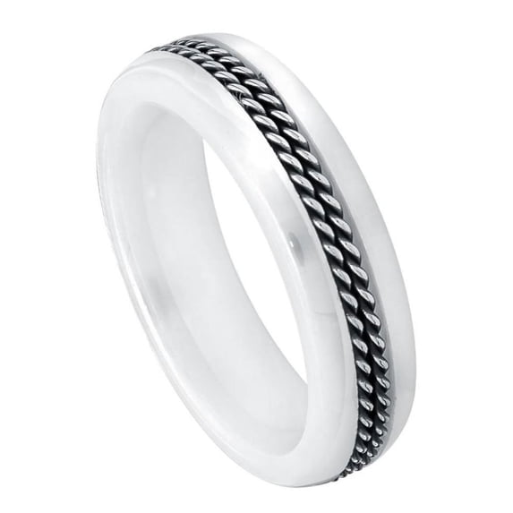 6mm White Ceramic with Double Rope Stainless Steel Inlay Wedding Band Ring For Men Or Ladies