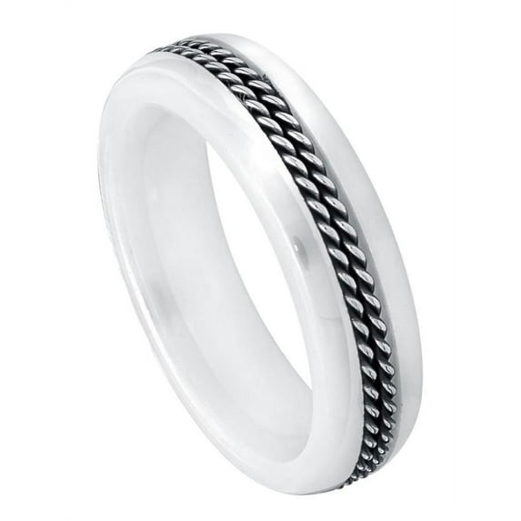 6mm White Ceramic with Double Rope Stainless Steel Inlay Wedding Band Ring For Men Or Ladies
