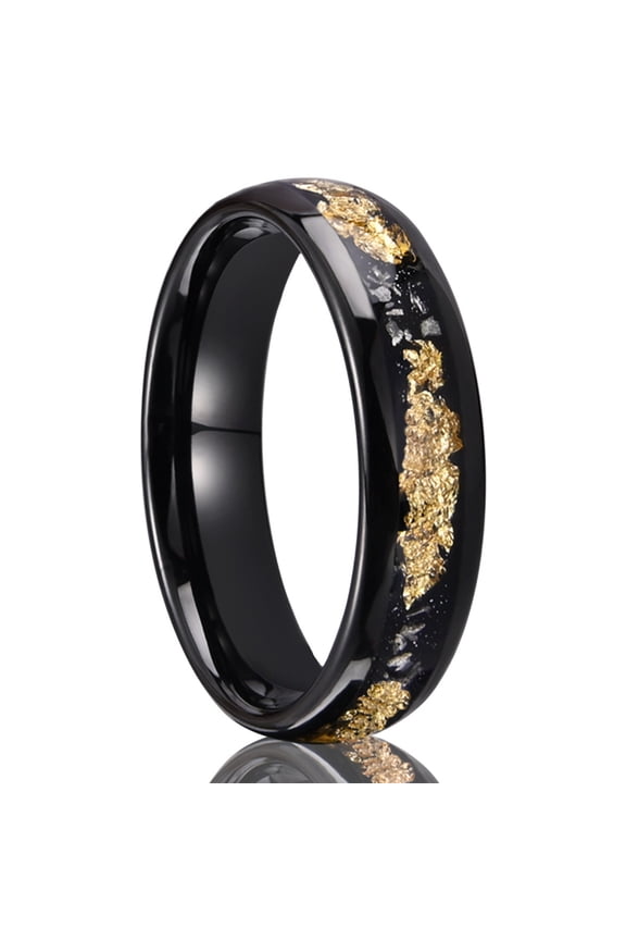 6mm Wide Arc Surface Electric Black Tungsten Steel Inlaid with Gold Foil Meteorite Tungsten Gold Ring