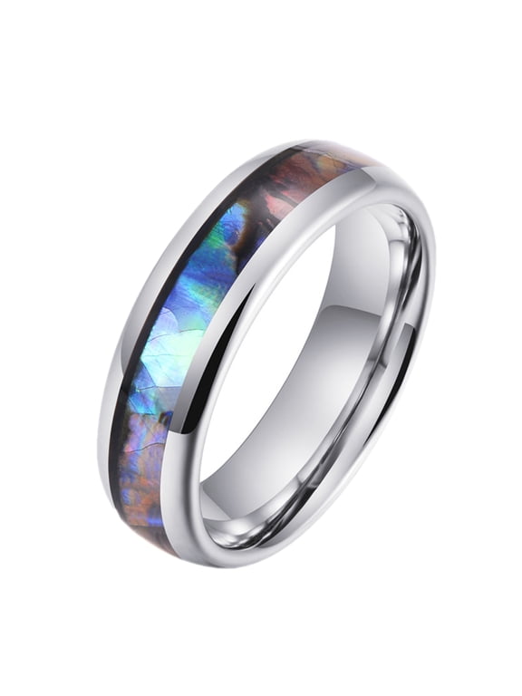 6mm Wide Silver Polished Tungsten Carbide Ring Abalone Shell Inlay Comfort Fit Wedding Band for Men Women