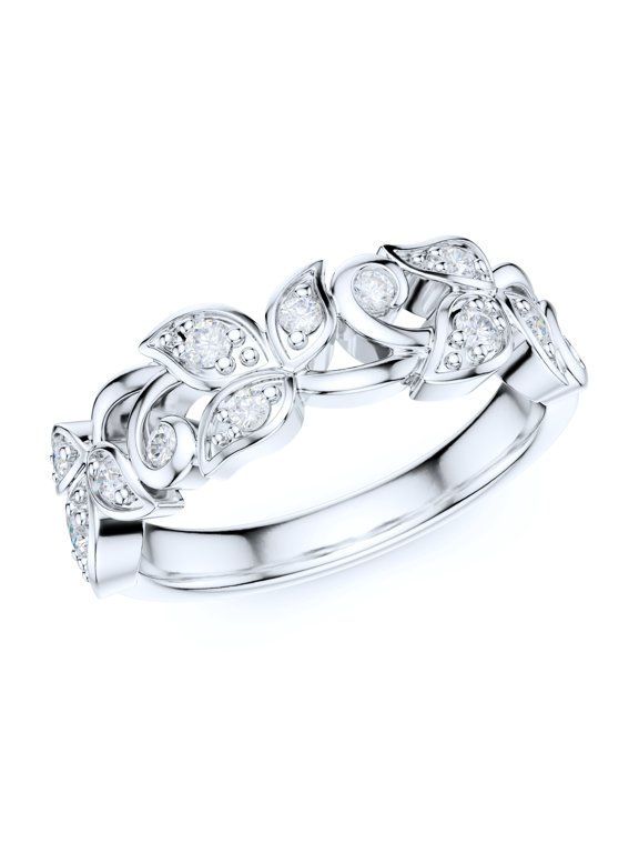 6mm Wide Sterling Silver Fligree Leaves Petals Simulated Round Brilliant Cut Diamonds Wedding Ring (6)