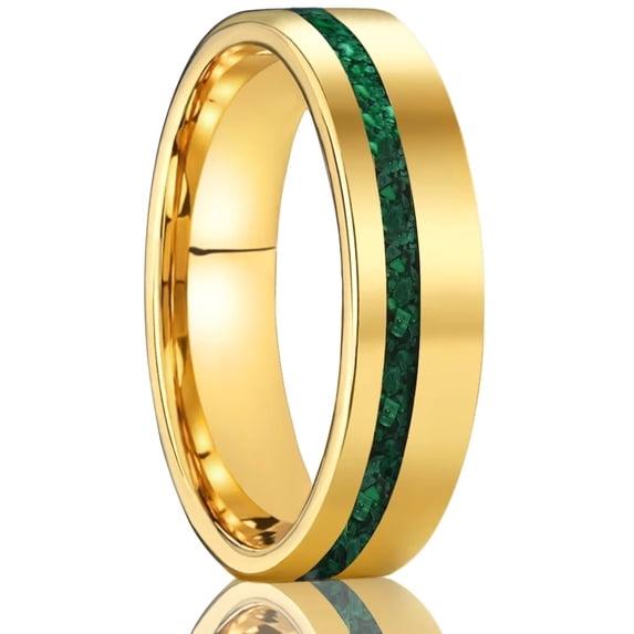 6mm Wide Tungsten Carbide Flat Gold Ring with Green Malachite Inlay Couple's Ring