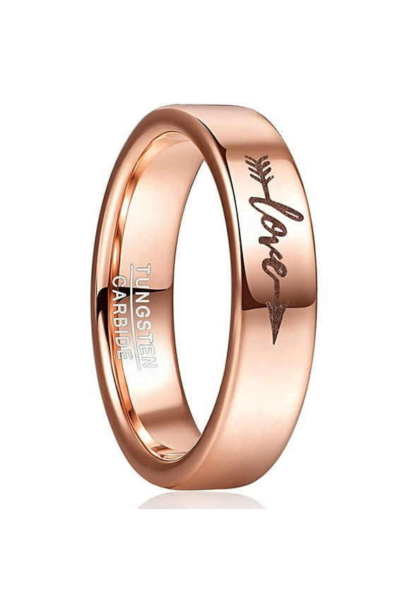 6mm Women's Rose Gold Wedding Band Tungsten Ring Engraved with Love and Arrow Flat Edges