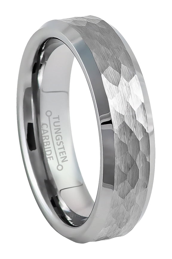 Hammered Finish Tungsten Carbide Wedding Band for Men-Women, Beveled Edge, 6mm, size 13